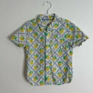 Mini Boden Lemon Print Button Up Shirt Linen Cotton Short Sleeve Kids Size 4-5Y